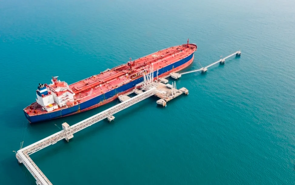 Oil tanker berthed at an offshore jetty